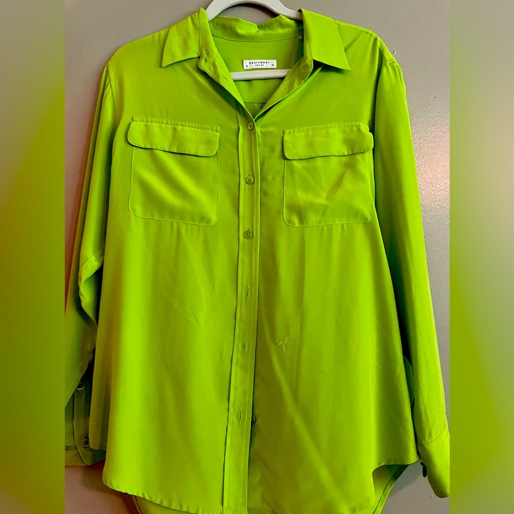 Equipment XS neon green silk blouse high low hemline